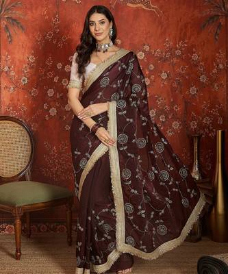 Maroon tissue satin embroidered sequin saree with unstitched blouse piece. 2
