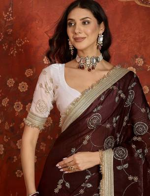 Maroon tissue satin embroidered sequin saree with unstitched blouse piece. 3
