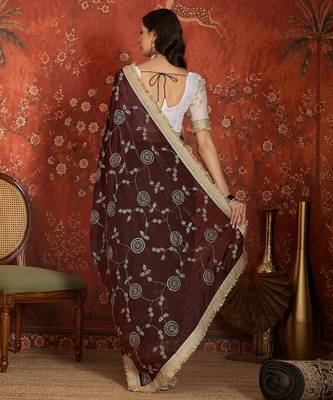 Maroon tissue satin embroidered sequin saree with unstitched blouse piece. 4