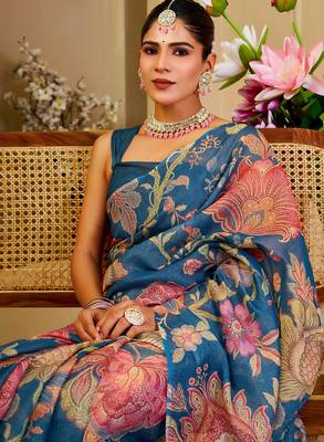 Blue shimmer printed zari saree with unstitched blouse piece. 1