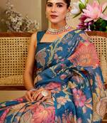 Blue shimmer printed zari saree with unstitched blouse piece.