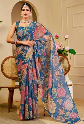Blue shimmer printed zari saree with unstitched blouse piece. 2