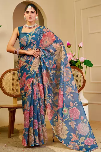Blue shimmer printed zari saree with unstitched blouse piece.