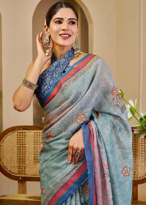 Blue shimmer printed zari saree with unstitched blouse piece. 2
