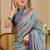 Blue shimmer printed zari saree with unstitched blouse piece.