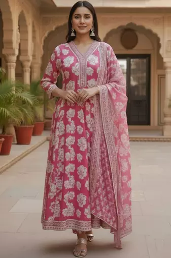 Women Floral Printed Empire Kurta with Trousers & With Dupatta