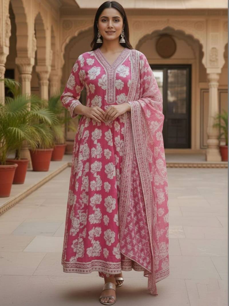 Women Floral Printed Empire Kurta with Trousers & With Dupatta