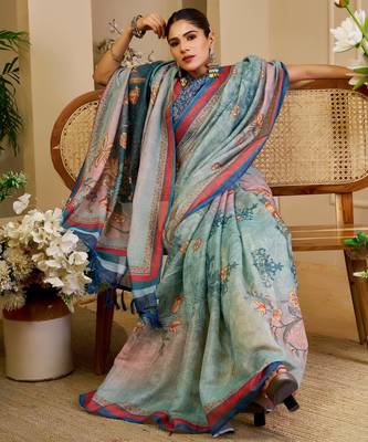 Blue shimmer printed zari saree with unstitched blouse piece. 3