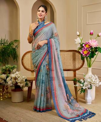 Blue shimmer printed zari saree with unstitched blouse piece. 4