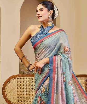 Blue shimmer printed zari saree with unstitched blouse piece. 5