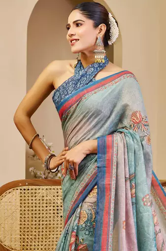Blue shimmer printed zari saree with unstitched blouse piece.