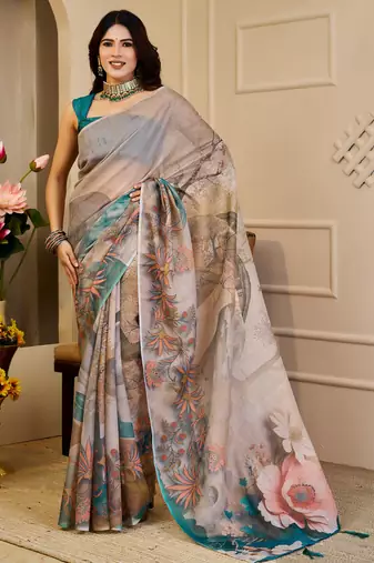 Grey shimmer printed zari saree with unstitched blouse piece.
