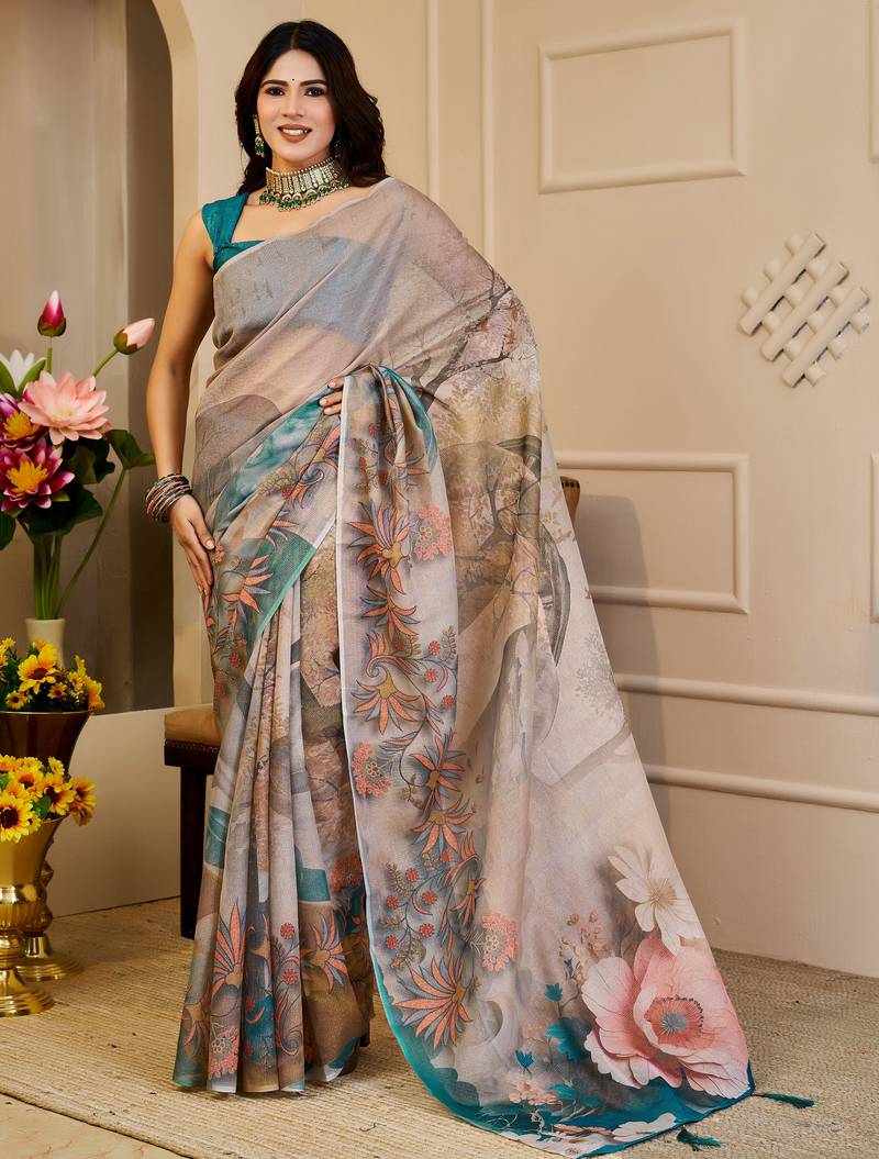 Grey shimmer printed zari saree with unstitched blouse piece.