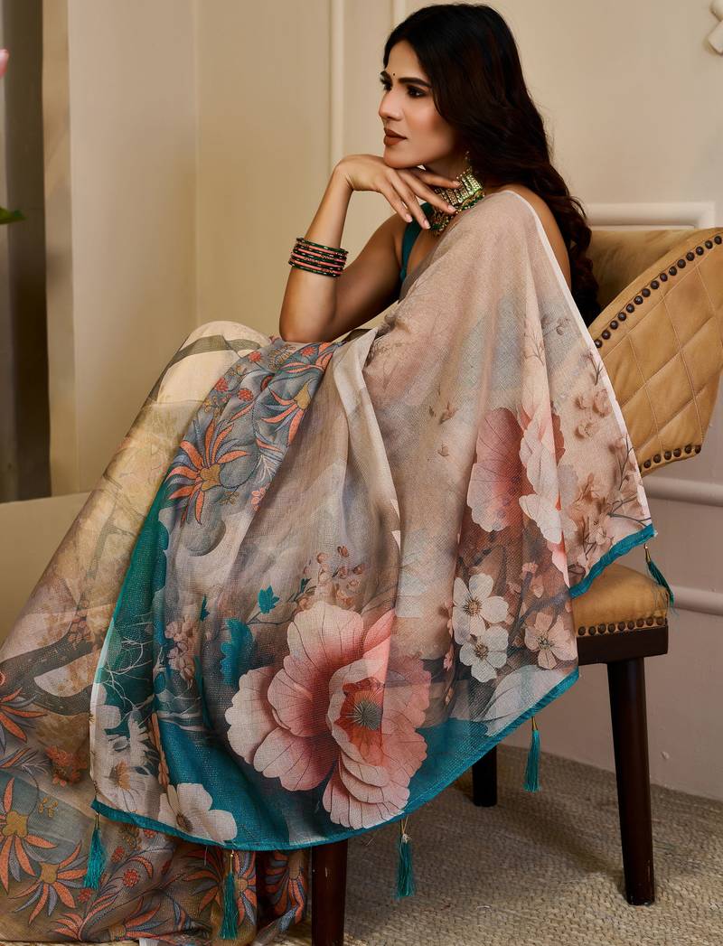 Grey shimmer printed zari saree with unstitched blouse piece.