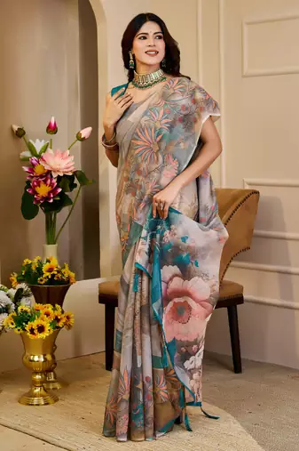 Grey shimmer printed zari saree with unstitched blouse piece.