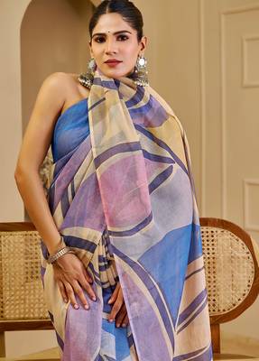 Multi color shimmer printed zari saree with unstitched blouse piece. 2