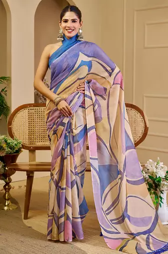 Multi color shimmer printed zari saree with unstitched blouse piece.