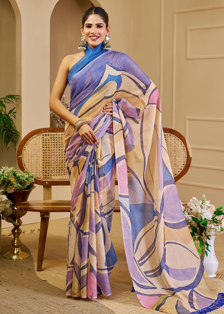 Multi color shimmer printed zari saree with unstitched blouse piece.