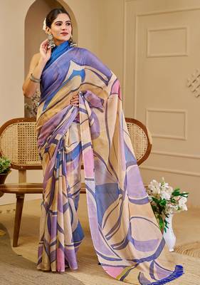Multi color shimmer printed zari saree with unstitched blouse piece. 4
