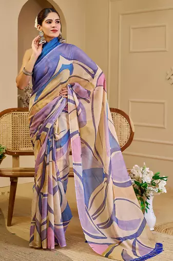 Multi color shimmer printed zari saree with unstitched blouse piece.
