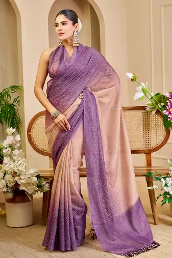Purple shimmer printed zari saree with unstitched blouse piece.