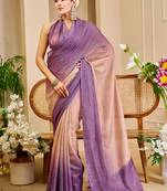 Purple shimmer printed zari saree with unstitched blouse piece.