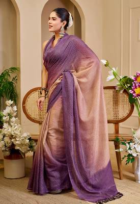 Purple shimmer printed zari saree with unstitched blouse piece. 3