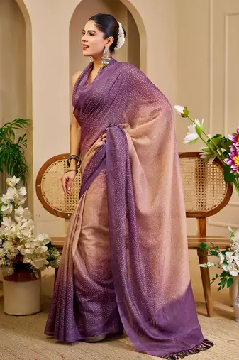 Purple shimmer printed zari saree with unstitched blouse piece.