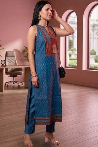 Women Ethnic Motifs Printed Regular Chanderi Silk Kurta with Trousers