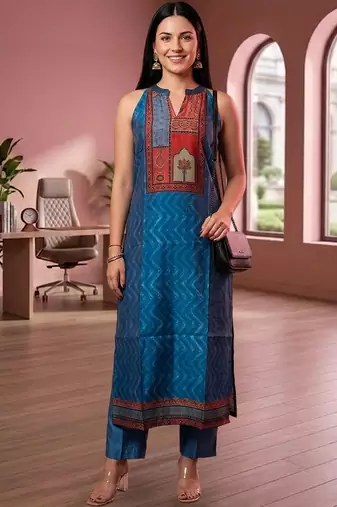 Women Ethnic Motifs Printed Regular Chanderi Silk Kurta with Trousers