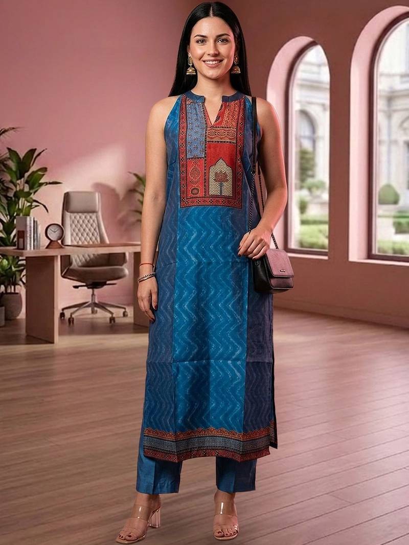 Women Ethnic Motifs Printed Regular Chanderi Silk Kurta with Trousers