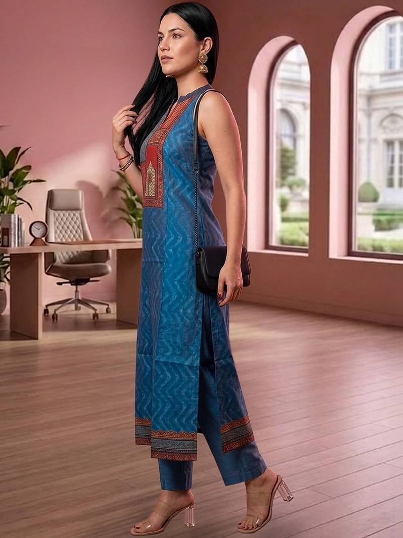 Women Ethnic Motifs Printed Regular Chanderi Silk Kurta with Trousers