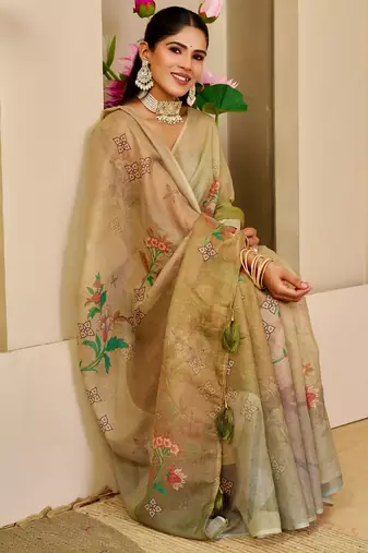 Green shimmer printed zari saree with unstitched blouse piece.