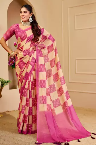 Pink shimmer printed zari saree with unstitched blouse piece.
