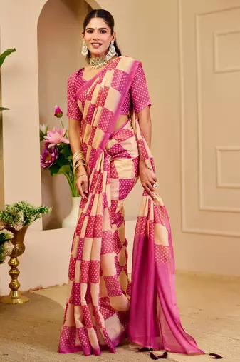 Pink shimmer printed zari saree with unstitched blouse piece.