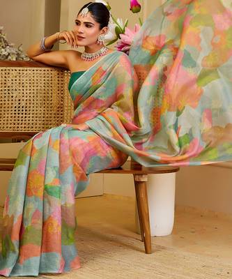 Sea green shimmer printed zari saree with unstitched blouse piece. 1