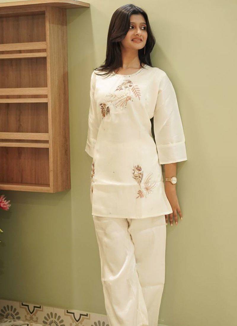 Ivory Hand-Embroidered Silk Co-Ord Set  Shimmer Fabric & Motif Detailing  Jaipur 