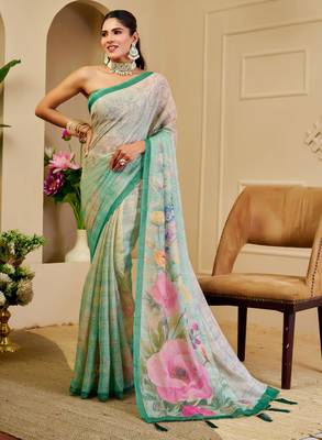 Turquoise shimmer printed zari saree with unstitched blouse piece. 3