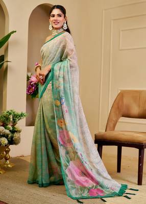 Turquoise shimmer printed zari saree with unstitched blouse piece. 4