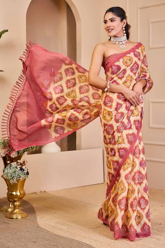 Pink shimmer printed zari saree with unstitched blouse piece.