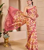 Pink shimmer printed zari saree with unstitched blouse piece.