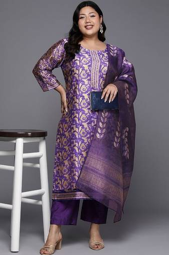 Women Ethnic Motifs Regular Chanderi Silk Kurta with Trousers & With Dupatta