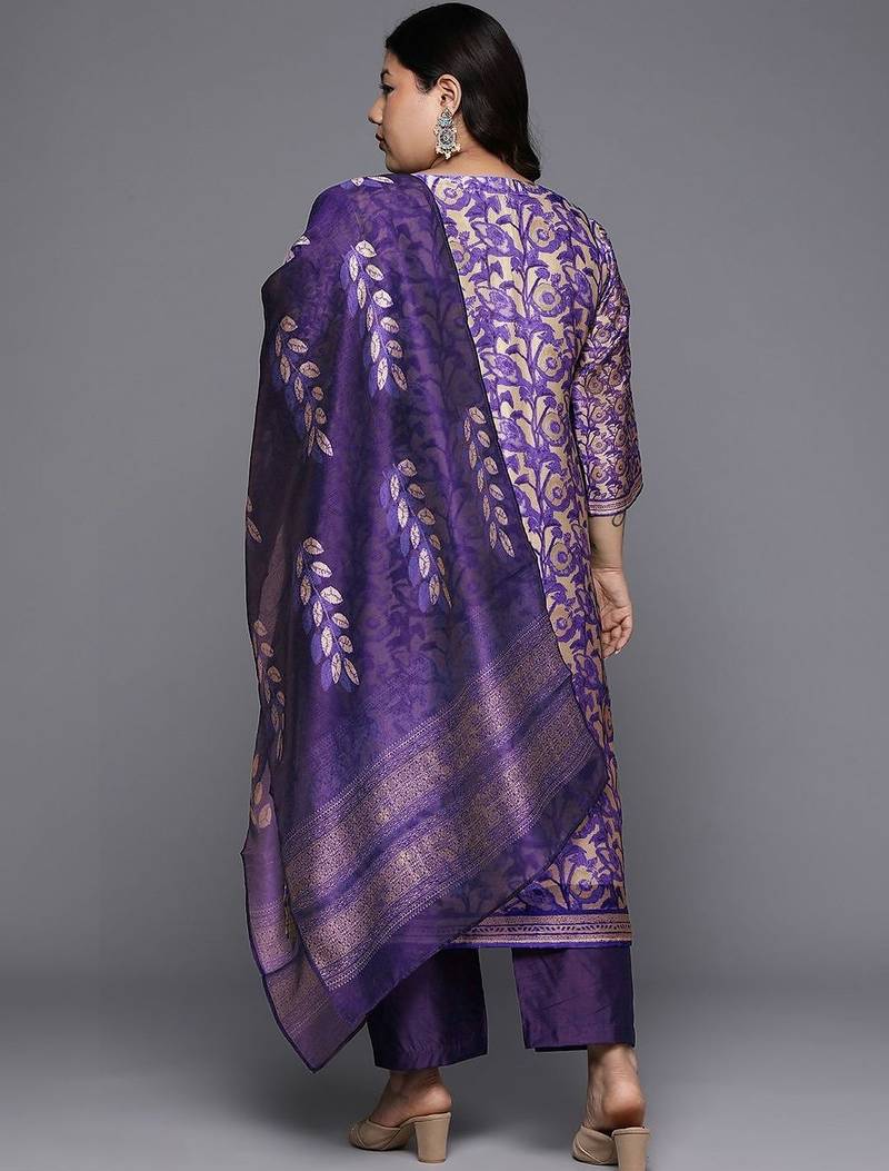 Women Ethnic Motifs Regular Chanderi Silk Kurta with Trousers & With Dupatta