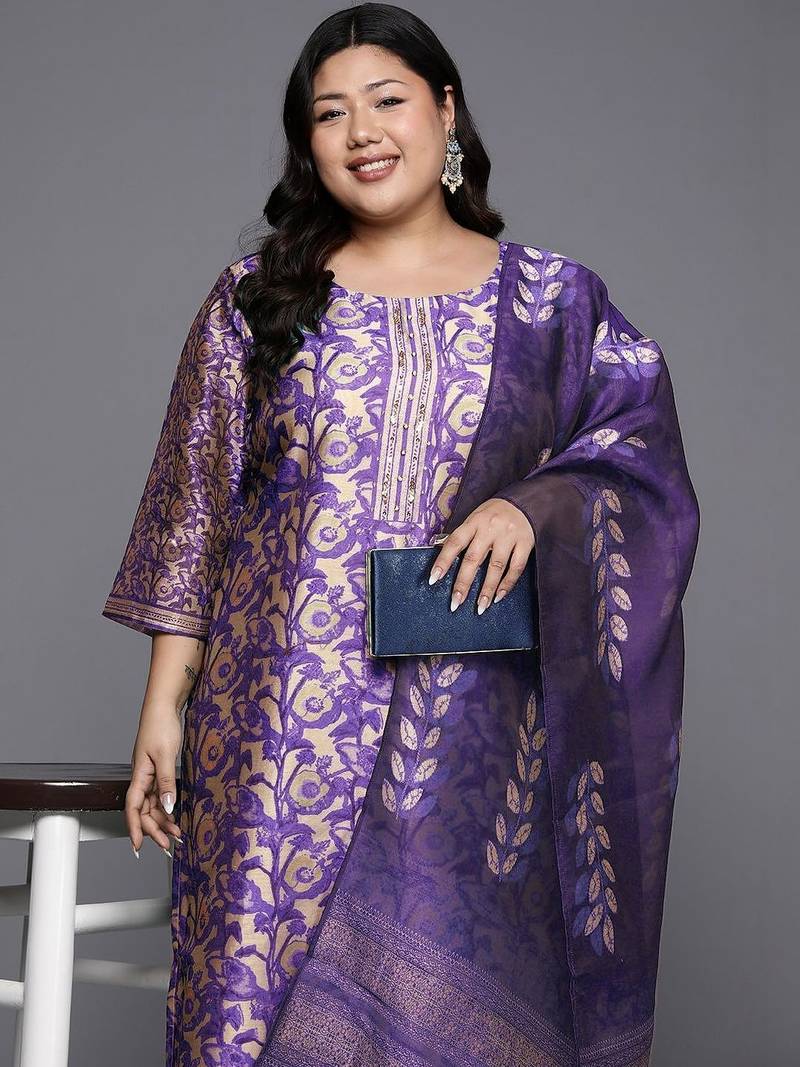 Women Ethnic Motifs Regular Chanderi Silk Kurta with Trousers & With Dupatta