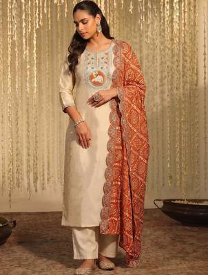 Women Ethnic Motifs Embroidered Regular Thread Work Kurta with Trousers & With Dupatta 1