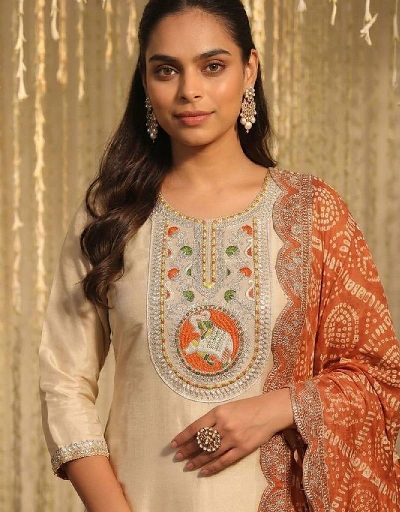 Women Ethnic Motifs Embroidered Regular Thread Work Kurta with Trousers & With Dupatta