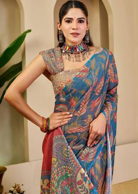 Navy blue shimmer printed zari saree with unstitched blouse piece. 1