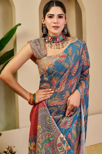 Navy blue shimmer printed zari saree with unstitched blouse piece.