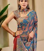 Navy blue shimmer printed zari saree with unstitched blouse piece.