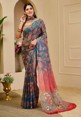 Navy blue shimmer printed zari saree with unstitched blouse piece. 2